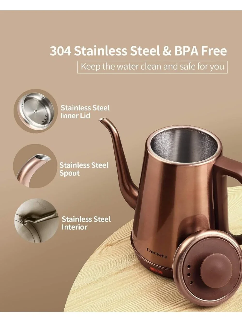 1.0L Copper Gooseneck Electric Kitchen Kettle Stainless Steel BPA Free Pour Over
